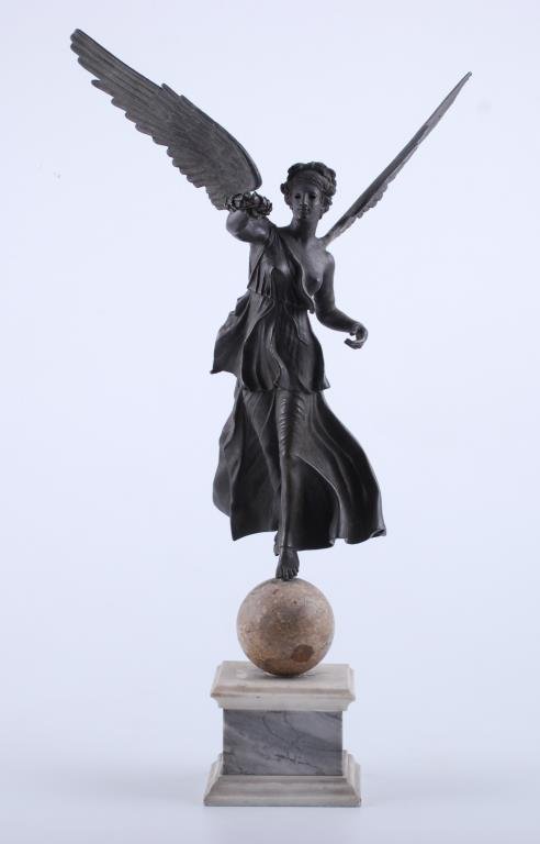 19thc. Bronze Sculpture "Angle of Independence": 19thc. bronze sculpture "Angle of Independence" balancing on a marble sphere which rests on a marble plinth. 28 inches height. unsigned. Condition: Repair to sphere, surface grime and minor oxidation