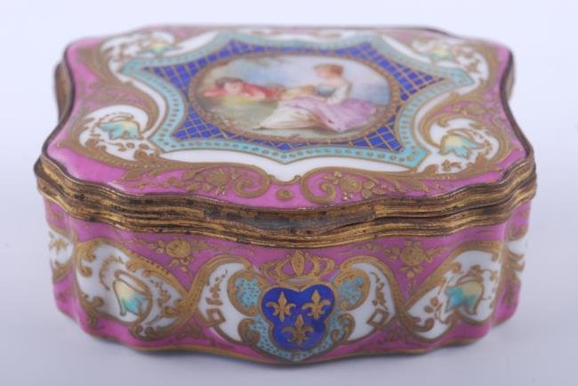 19thc. French Porcelain & Gilt Bronze Dresser Box: Signed hand painted and enameled porcelain with bronze hinged fitting and hand painted floral interior. Width 3 1/2 inches.