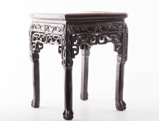 19thc. Asian Teak Wood Stand: Marble Inset. Finely carved square fern stand measuring 18 x 13 1/2 x 13 1/2 inches.