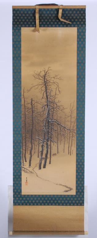 19thc. Japanese Silk Kakemono: Painted Travelers Through Winter Woods. Mounted to silk scroll with weighted rod. 48 x 16 1/2 inches (image) Condition: Good, toning, minor foxing etc.