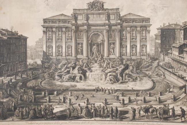Piranesi Etching of the Trevi Fountain: Giovanni Battista Piranesi (1720–1778). “Veduta in prospettiva della gran Fontana dell’ Acqua Vergine detta di Trevi Architecttura [Fontana di Trevi. Front View].”18 1/2 x 28 inches. Signed in