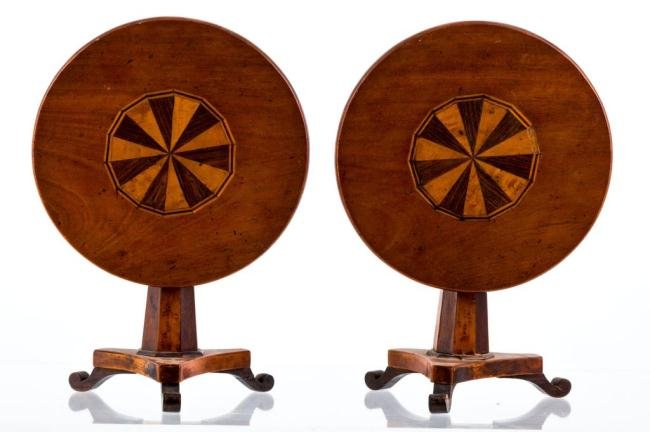 19thc. AMERICAN CLASSICAL MINIATURE TEA TABLES: Matching pair of miniature tilt-top tea tables. Marquetry inlayed tops with octagonal column of alternating colored woods and tripod base. Height 5 1/2 inches
