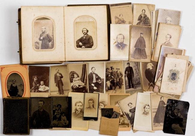 CIVIL WAR ERA CDV'S AND TIN TYPE PHOTOGRAPHS: Including: 1864 Photograph Album belonging to Etta Perry, Georgetown with several Civil War soldiers, CDV's of ""Old Abe"" the war eagle, (40) loose CDV's, (6) Tin types and a battlefield bible stenci