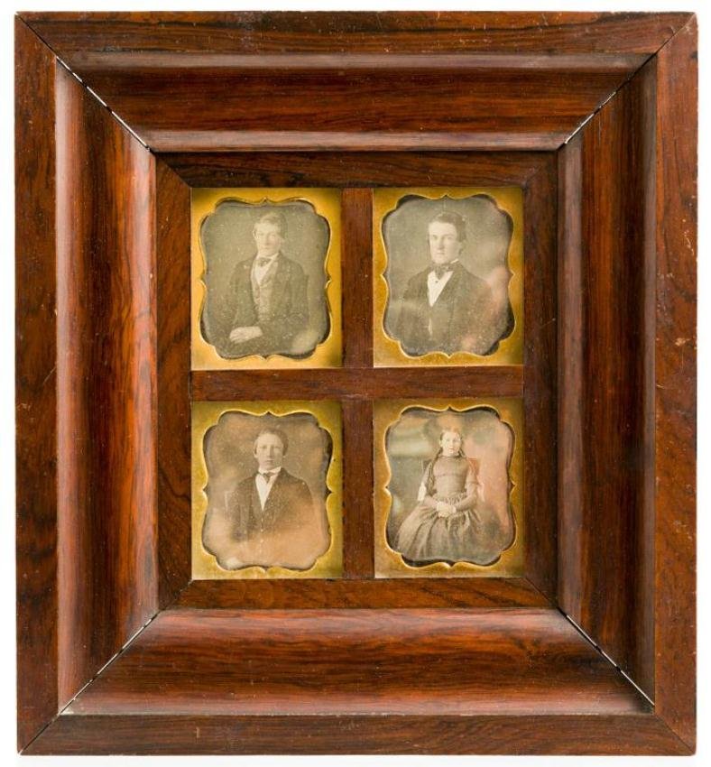 (4) FRAMED SIXTH PLATE DAGUERREOTYPES OF SIBLINGS: Grouped together in the original ogee rosewood frame c.1850. 12 1/2 x 11 1/2 inches