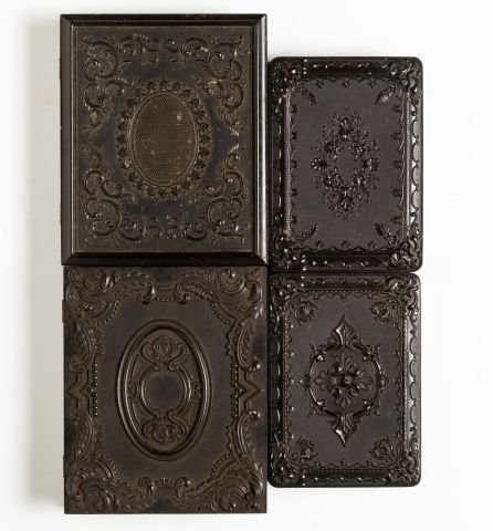 (4) THERMOPLASTIC CASES WITH TIN TYPE, AMBROTYPE: (2) 1/4 Plate thermoplastic cases. (2) Carte de visite thermoplastic cases. (1) Critchlow Height 4 1/4 & 4 3/4 in