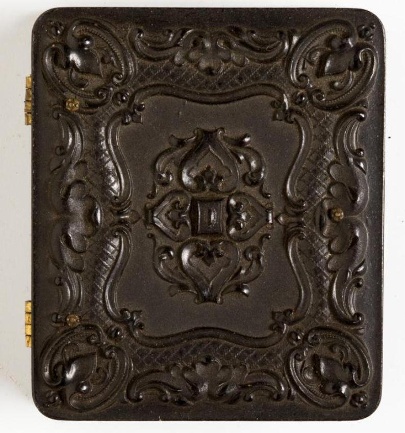 (3) TIN TYPES (1) AMBROTYPE IN THERMOPLASTIC: 1/9th plate thermoplastic cases. 2 1/2 inches.