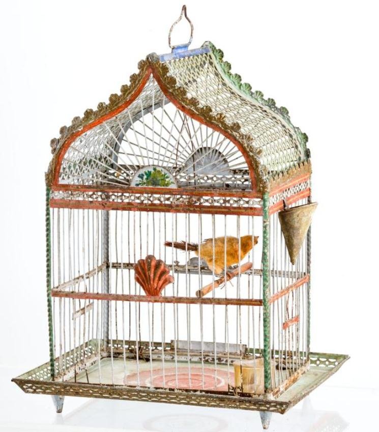 19th c. ANGLO-INDIAN POLYCHROME TIN BIRD CAGE: Height 17 inches
