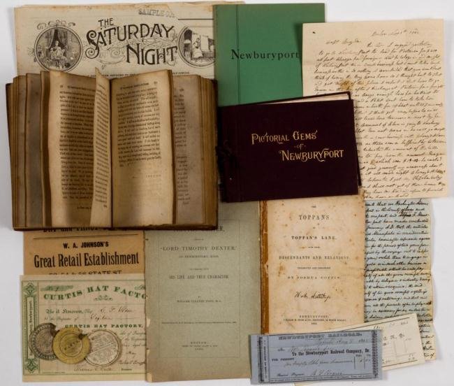 EARLY NEWBURYPORT BOOKS AND EPHEMERA: Newburyport businesses and Justice of the Peace appointment, 60 Bound sermons by Jonathan Parsons 1780, Pictorial Gems of Newburyport, Newburyport Railroad bill, Early History of Newburyport, Timothy 