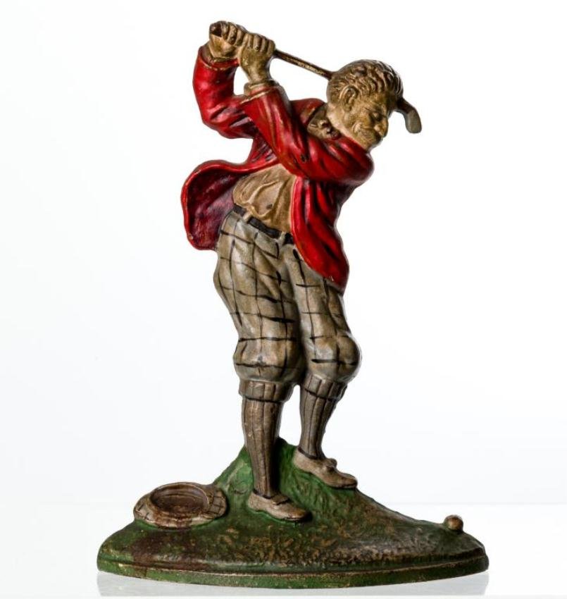 OVERHEAD SWING SCOTTISH GOLFER CAST IRON DOORSTOP: Height 10 inches