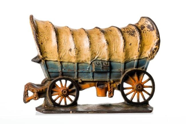 LARGE COVERED WAGON CAST IRON DOORSTOP: Height 8 1/2 inches