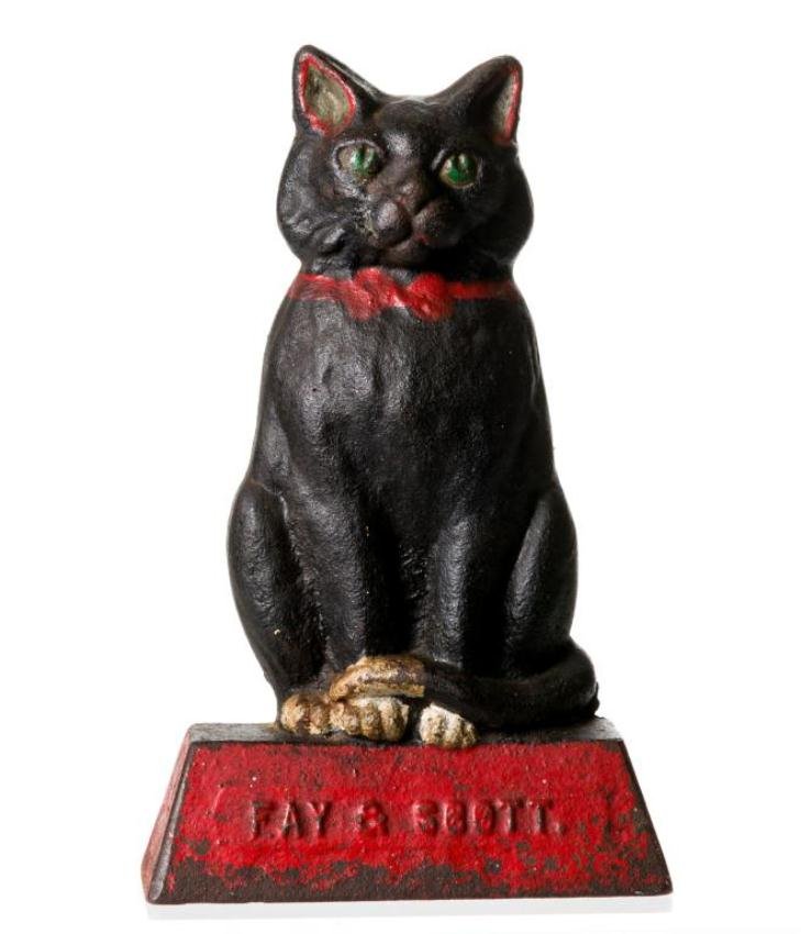 SEATED CAT CAST IRON DOORSTOP "FAY & SCOTT": Height ]12 1/2 inches