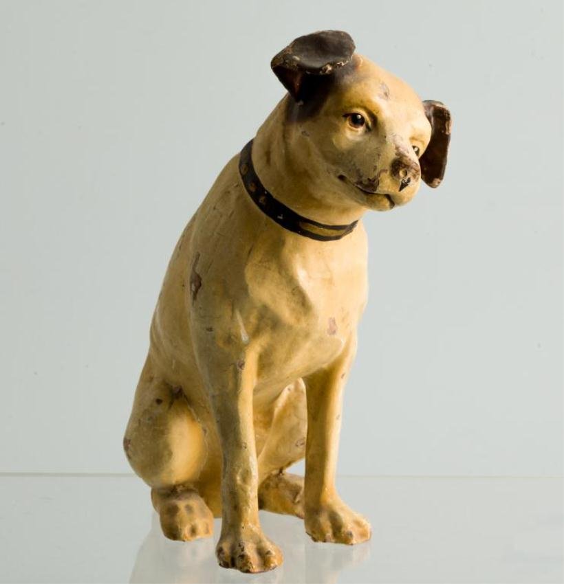 EARLY PAPER MACHE FIGURINE OF "NIPPER" THE RCA MASCOT: Height 10 & 8 inches