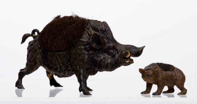 AUSTRIAN BRONZE BOAR NIB WIPE WITH A BEAR EXAMPLE: Bronze boar signed Geschultz. White metal cold painted bear. Length 9 inches