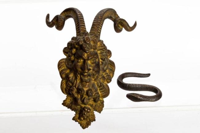 CAST BRASS MOUNT OF BACCHAUS & SERPANT "S" HOOK: Height 7 & 2 1/2 in.