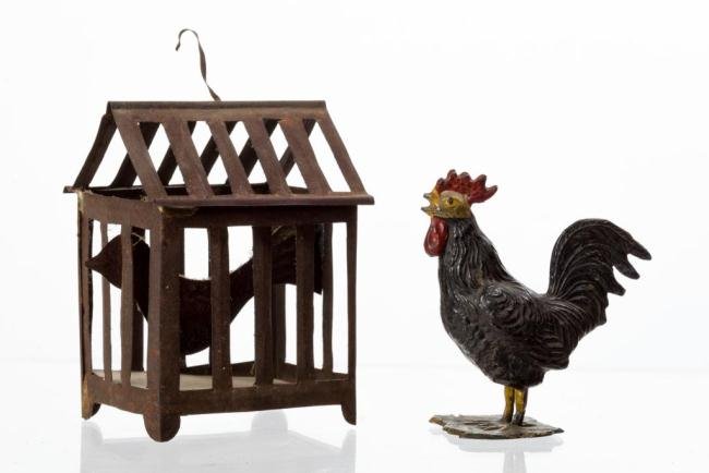 TIN BIRD IN A CAGE & PAINTED LEAD ROOSTER: Height under 4 1/2 in.