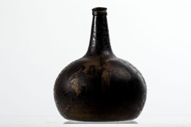 EARLY BLOWN BOTTLE WITH HANDPAINTED TAVERN SCENE: Height 11 inches