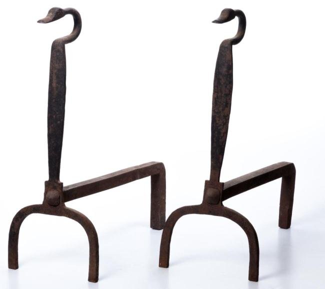 PAIR OF 19th c. GOOSE NECK ANDIRONS: 21 1/2 x 17 1/2 inches
