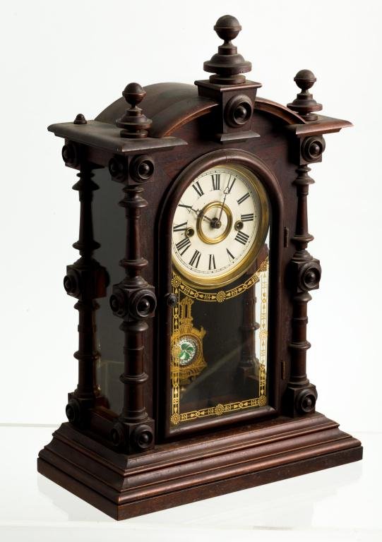 WELCH, SPRING AND CO. "PATTI, NO. 1" SHELF CLOCK: Rosewood with glass sides. 5 inch dial. Cup bell only. Height 18 1/2 inches