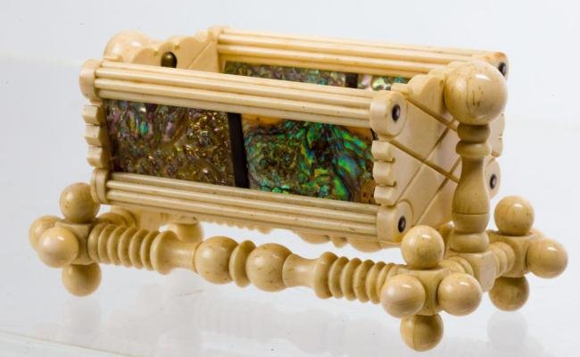 CIRCA 1860 SAILOR MADE CRADLE WITH ABALONE PANELS: 2 1/2 x 4 1/2 x 3 inches