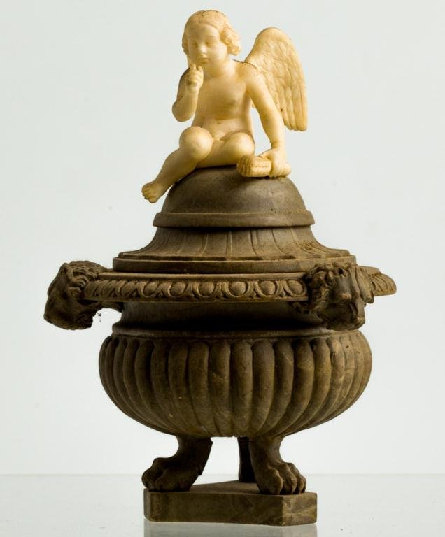 GRAND TOUR ALABASTER DESK SET WITH CARVED CHERUB: (3)Wells including ink and sander. Height 9 inches