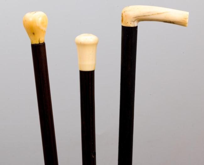 (3) ROSEWOOD & EBONY CANES WITH KNOB & "L" HANDLES: Each approx. 34 1/2 in.