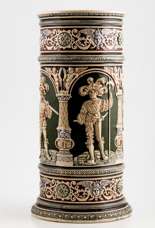 19th c. BAS RELIEF GERMAN CERAMIC UMBRELLA STAND: Marked 931 under base. Height 23 inches