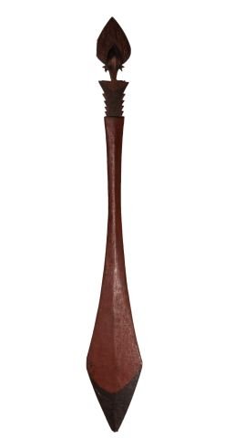 EARLY AFRICAN CEREMONIAL PLANK SPEAR: (2) Sided hardwood blade-form plank with carved and painted figure and geometric designs. Length 49 1/2 inches