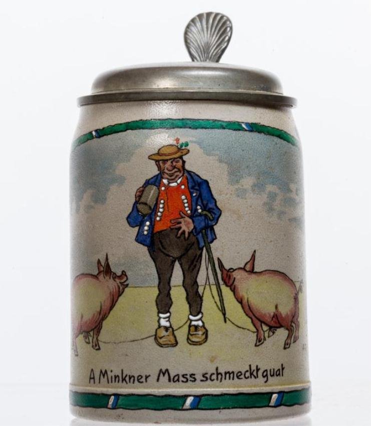1/2 LITER SALT GLAZED STEIN WITH PIG FARMER: Hand painted scene ""A Minkner Mass schmect guat"". Pewter lid. Height 6 1/2 inches