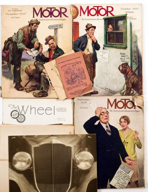 (3) "MOTOR" MAGAZINES 1929, "THE WHEEL" 1929, PACKARD: (3) "MOTOR" MAGAZINES 1929, "THE WHEEL" 1929, Packard Motor Company Booklet 1932. 1916 Tau Kappa Epsilon Banquet Menu, Dr. Kohler's Forget Me Not Rhymes and a Pabst Brewing Company booklet (fragment)