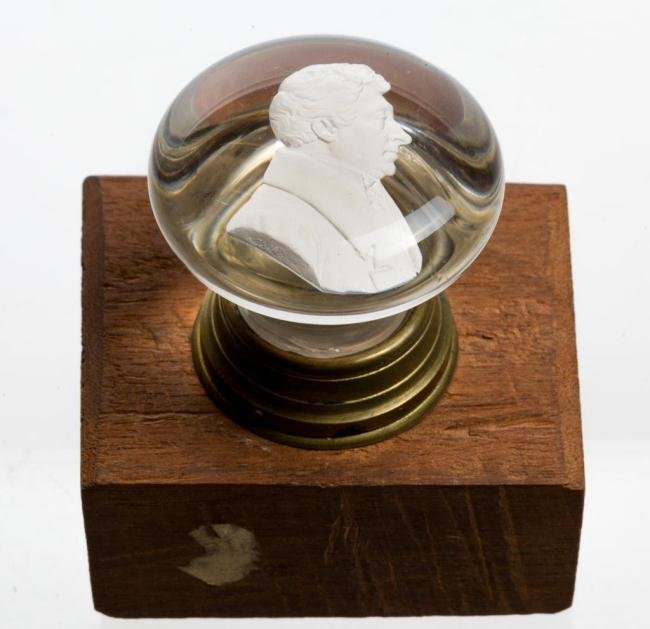 RARE 19th c. GLASS SULFIDE DOORKNOB OF LAFAYETTE: Sold without wooden stand. Diameter 2 1/4 inches