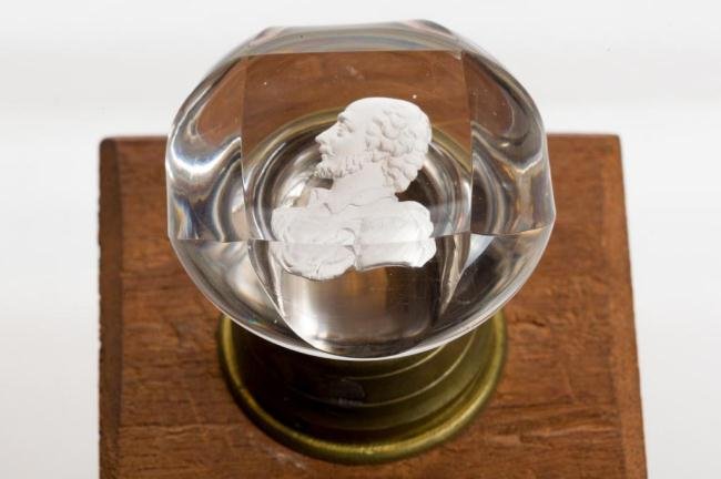 RARE 19th c. GLASS SULFIDE DOORKNOB OF A GENTLEMAN: Sold without wooden stand. Diameter 2 1/4 inches