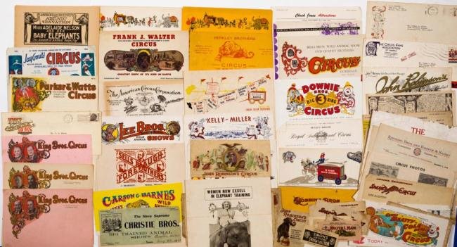 LOT OF CIRCUS STATIONARIES & PROMOTIONAL MATERIALS: Including: Ringling Brothers, Clyde Beatty, Gentry Brothers, Hulburd Brother's, Sells-Floto, John Robinson's, Parker & Watts, Norman Laboratories, Circus Stamps and first day covers, Jay Gould, Cristi