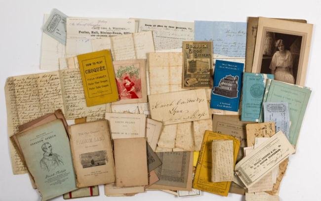 19th c. EPHEMERA LOT OF PAMPHLETS, LETTERS, DEEDS: Including: Memo booklets, 1922 Road Map of Massachusetts, Perfume Ad Booklet, How to Play Croquet, Sermons, Memorial Resolutions, ""Col. David Mack the Faithful Steward"" 1845, ""Scholar in a Republic