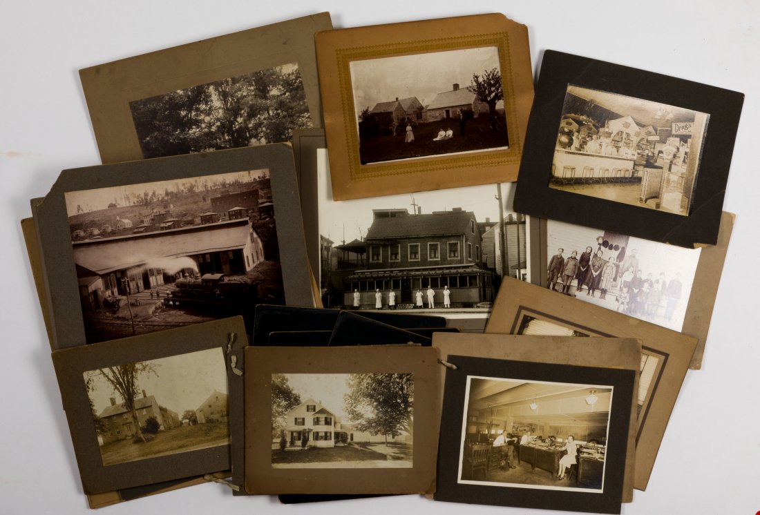 19th/20th c. PHOTOS OF RAILROAD COAST RYE, NH ETC.: (25) Turn of the 20th c. photographs including boating, families, drug store, early diner, Plummer homestead, railroad roundhouse, Locke House Rye, NH, Dresser's house Haverhill, MA, B & M railroad br