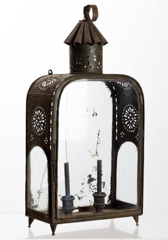 EARLY PIERCED TIN LANTERN FITTED FOR TWIN CANDLES