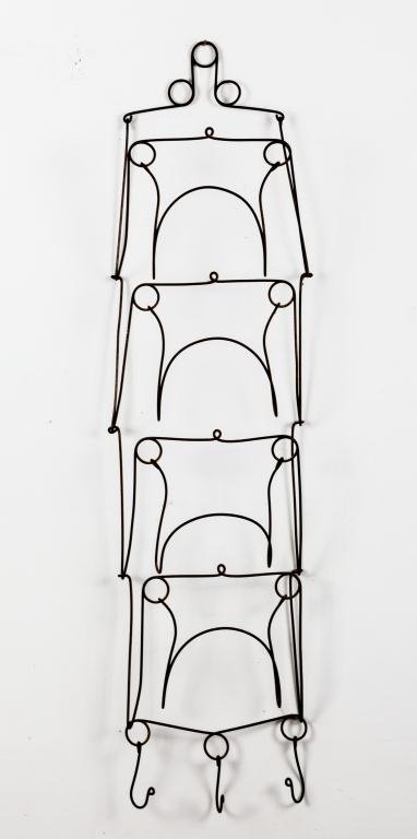 BENT WIRE HANGING LETTER RACK WITH HOOKS: (4)Tiered rack and (3) hooks. Height 30 inches