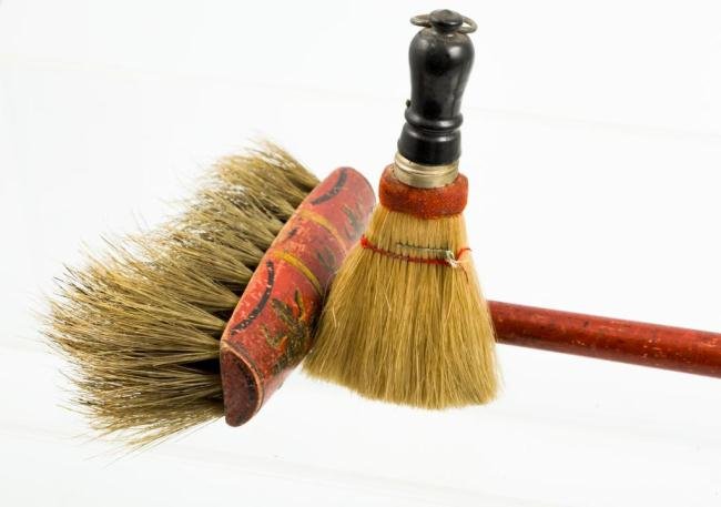 PAINTED HEARTH BROOM AND WISK BRUSH: 28 and 6 1/2 inches