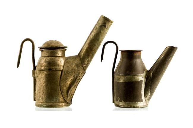 (2) TIN OIL BURNING MINER'S LAMPS: Each with hinged lids and hooks for suspending in mine. 4 1/2 inches and under