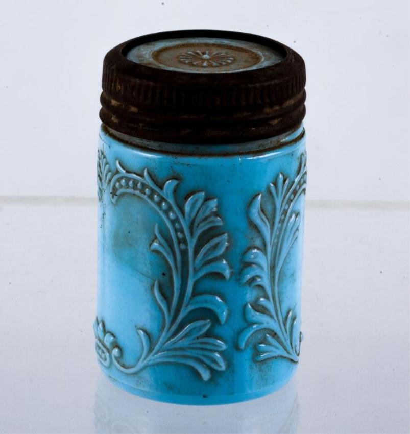 POWDER BLUE MOLDED GLASS FRUIT CANNING JAR: Height 4 1/2 inches