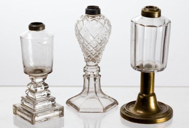 (3) BLOWN MOLDED LAMPS: (1) Pressed glass bulb vase embossed with a diamond pineapple pattern and hexagonal base. (1) blown molded font with square pressed base and (1) ten sided blown molded font set in a brass standard wit