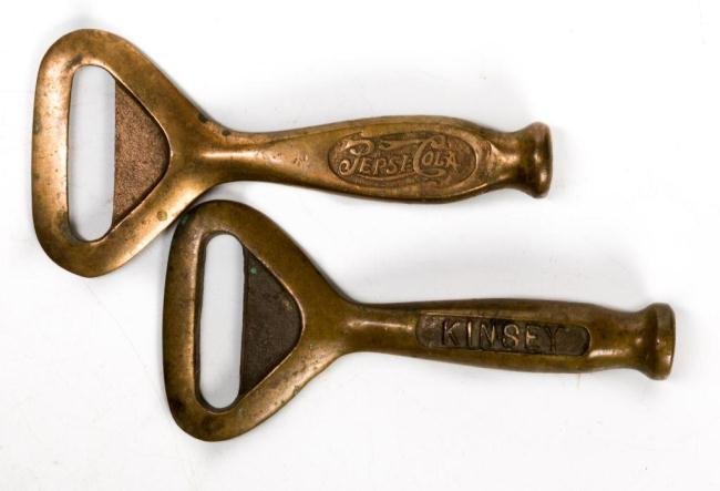 (2) BRASS BOTTLE OPENERS "PEPSI COLA" & "KINSEY": 5 1/2 inches each