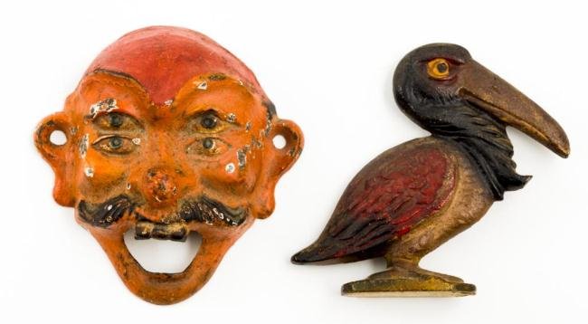 (2) CAST IRON BOTTLE OPENERS OF WILTON & A PELICAN: 4 inches and under