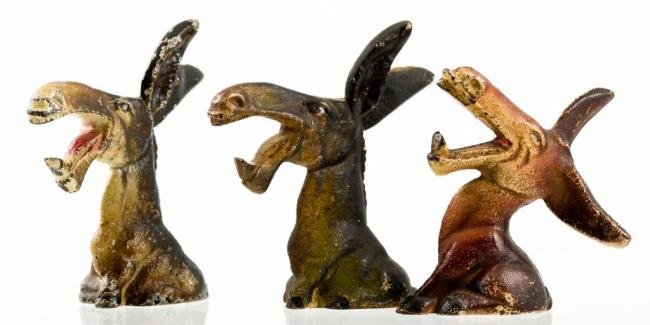 (3) BRAYING DONKEY CAST IRON BOTTLE OPENERS: 3 3/4 inches and under