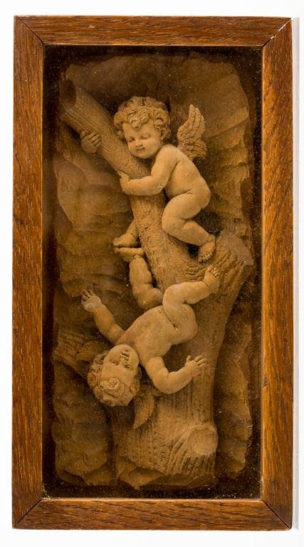 SHADOW BOX WITH CARVING OF CHERUBS AT PLAY: 9 x 5 inches. 1 1/2 inches deep. Carving appears to be 1 inch deep.