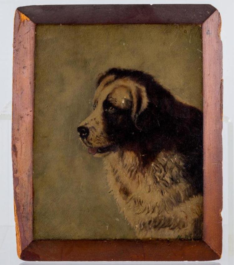 19th CENTURY OIL ON PANEL OF A SAINT BERNARD: 11 x 9 1/2 inches