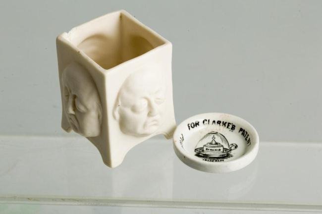 LITHOPHANE TEA LIGHT & CERAMIC CLARK'S AD PLATE: Height 3 inches