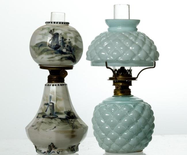 (2) MINIATURE LAMPS (1) SCARCE PAIRPOINT EXAMPLE: (1) Light blue opal diamond embossed puffed pattern font with matching shade (1) Scarce miniature blue windmill delft pattern. Made by the ""Pairpoint Glass Co."" New Bedford Ma 1896. Nutmeg burner. H