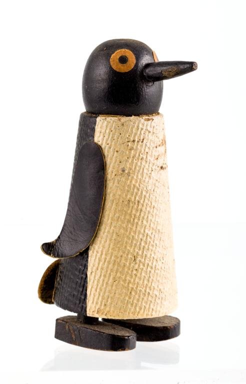 PRESSED BOARD, LEATHER AND WOOD "WALKING" PENGUIN TOY: Circa 1930. Height 4 1/2 inches
