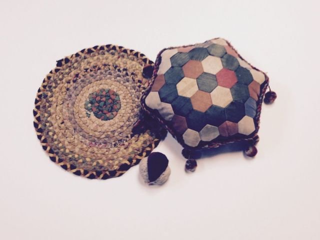 VICTORIAN PILLOW, BRAIDED DOILY & NUT PIN CUSHION: 7 in. diameter (pillow)