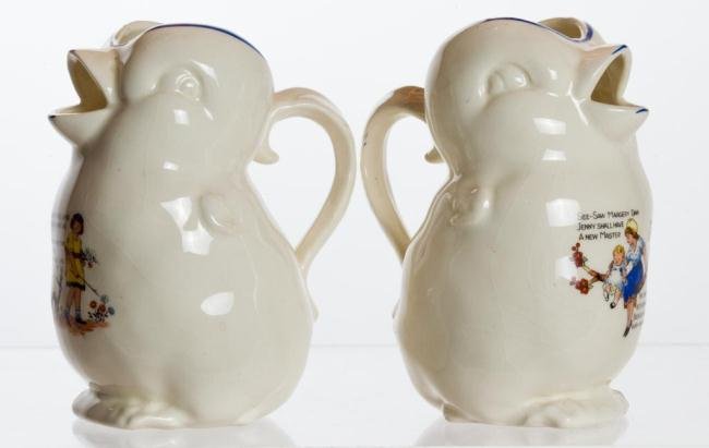 (2) CERAMIC CHICK CREAMERS WITH NURSURY RHYMES: Height 5 3/4 inches